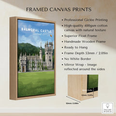 Framed canvas print of Balmoral Castle Scotland with wooden float frame and detailed features list