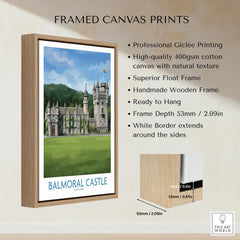 Framed Balmoral Castle canvas print with wooden float frame, wall art decor details