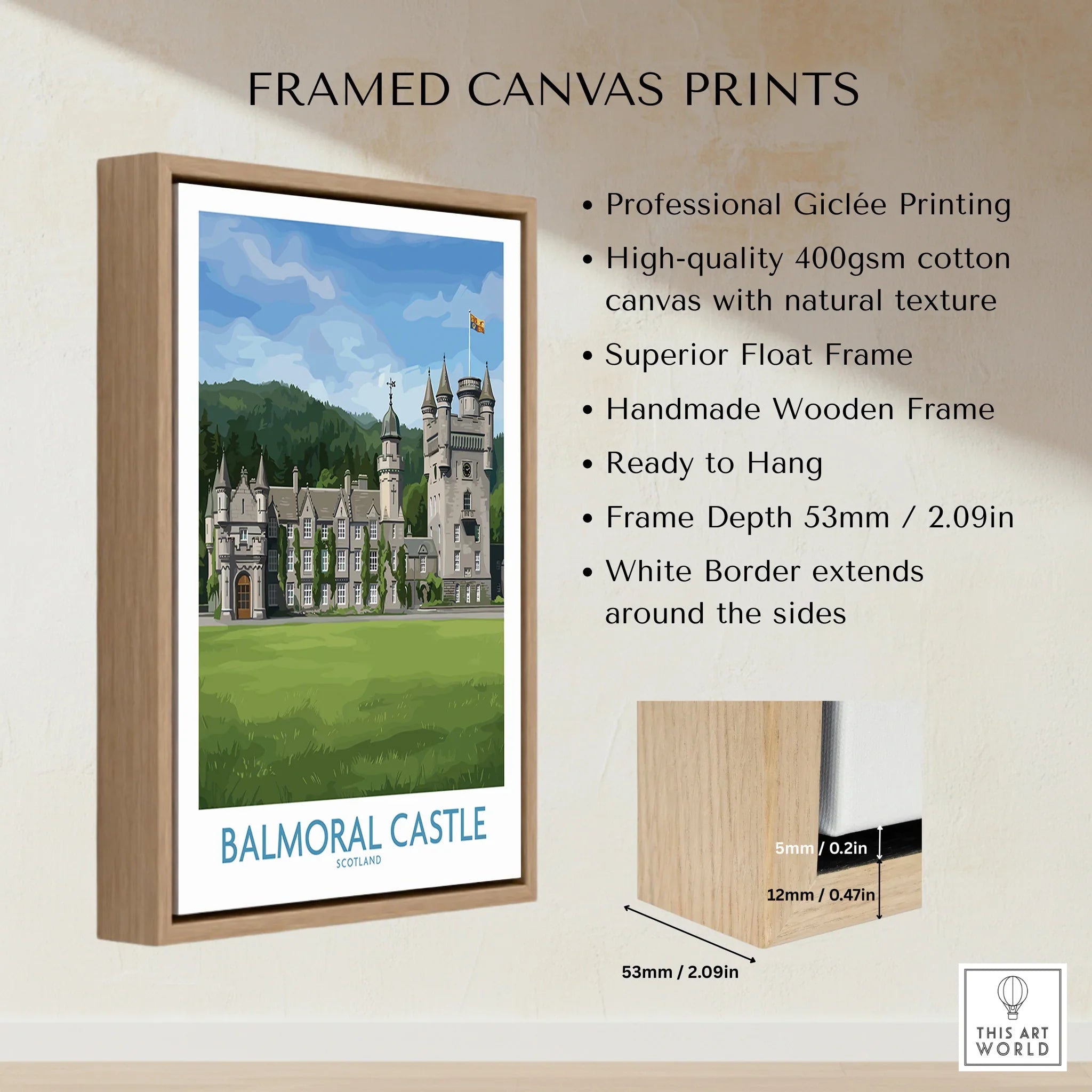 Framed Balmoral Castle canvas print with wooden float frame, wall art decor details