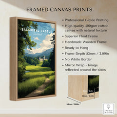 Framed canvas print of Balmoral Castle in Scotland with float frame and detailed specs.