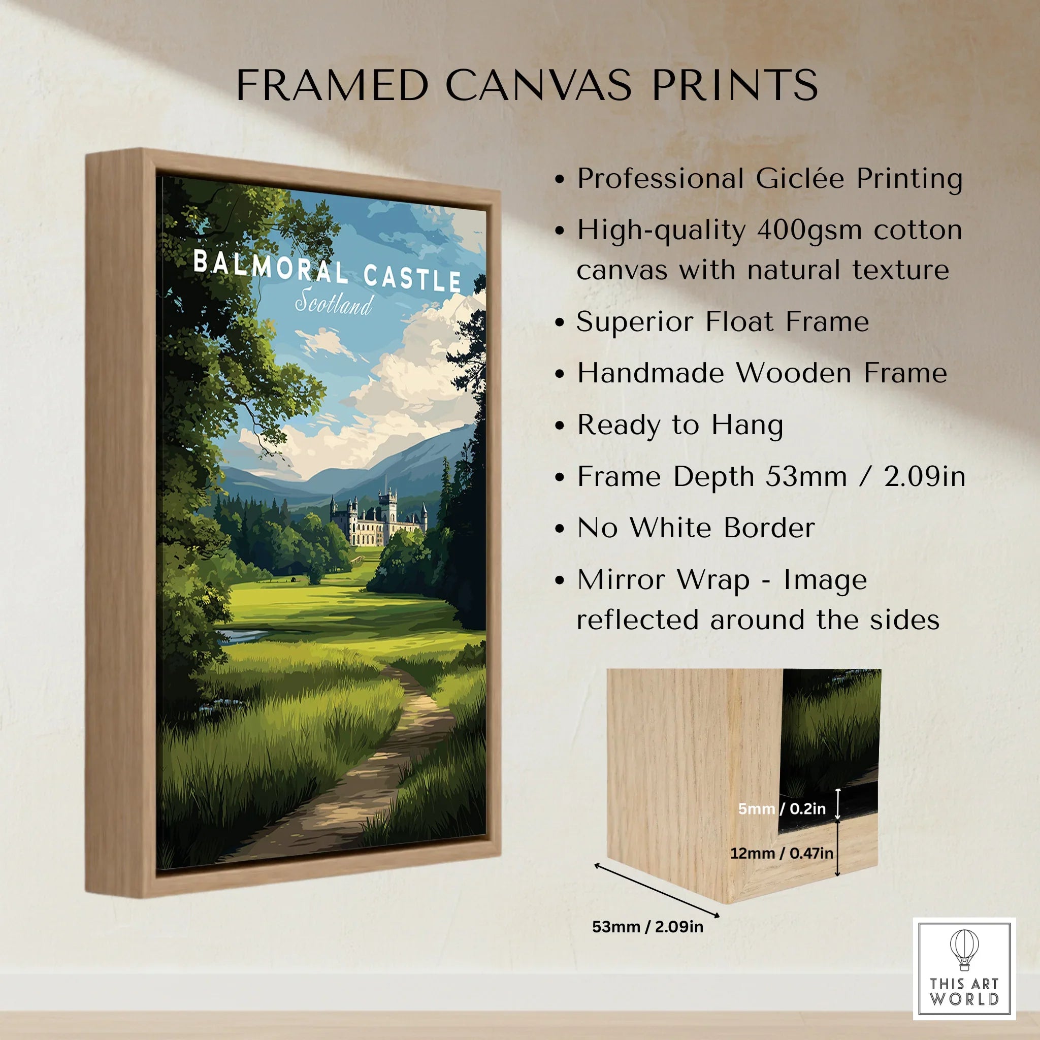 Framed canvas print of Balmoral Castle in Scotland with float frame and detailed specs.