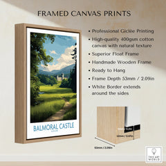 Framed Balmoral Castle canvas print with wooden float frame and detailed product features shown.