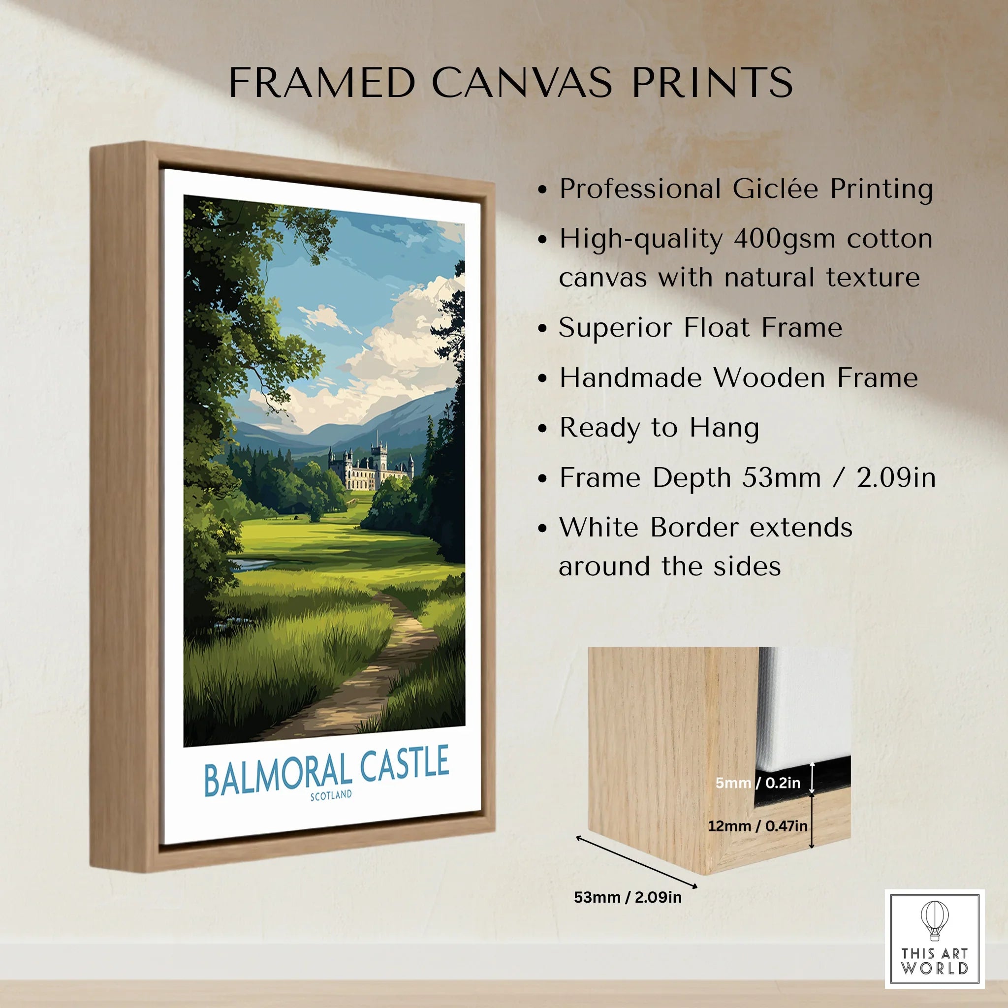 Framed Balmoral Castle canvas print with wooden float frame and detailed product features shown.