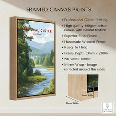 Framed canvas wall art print with Balmoral Castle Scotland landscape, wooden float frame, detailed product features shown.