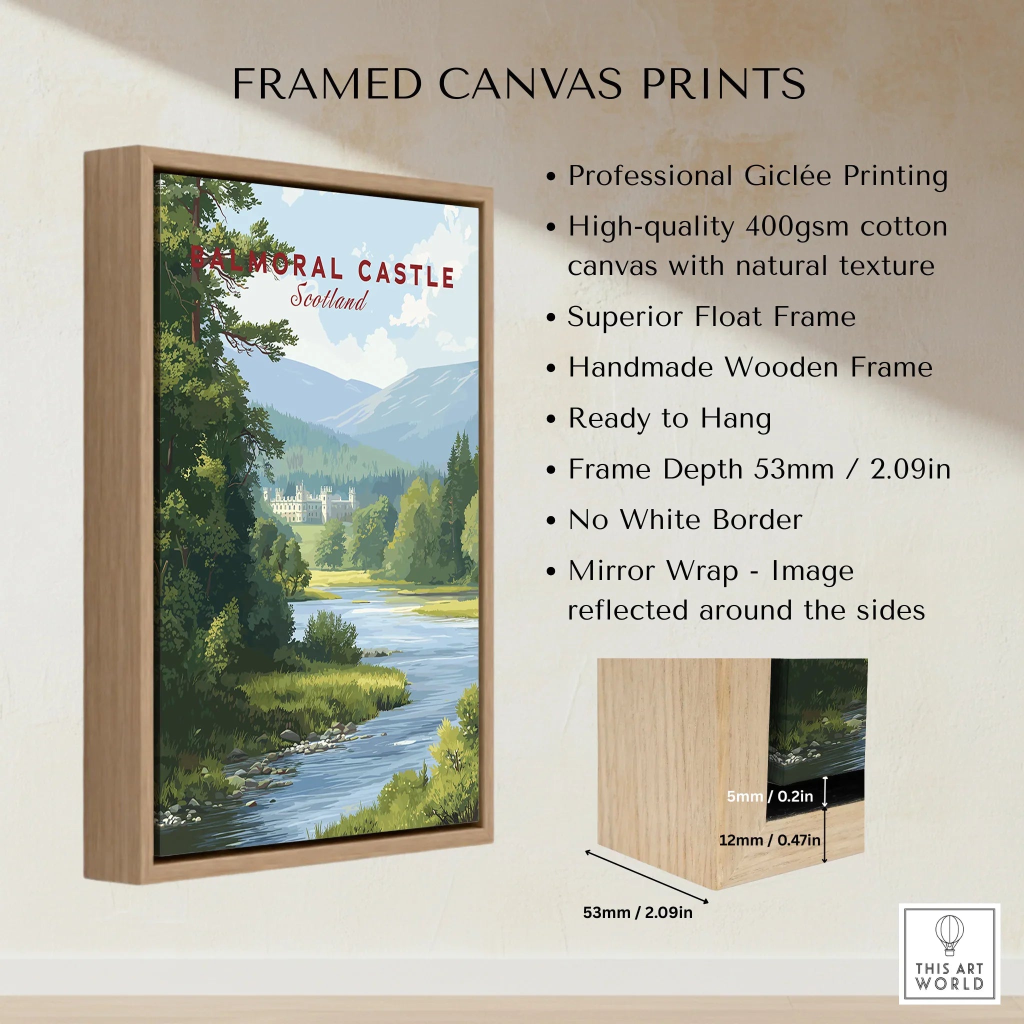 Framed canvas wall art print with Balmoral Castle Scotland landscape, wooden float frame, detailed product features shown.