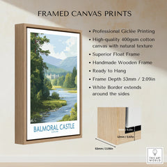 Balmoral Castle travel poster in a float frame, handmade wooden framed canvas wall art with river and mountain scene.