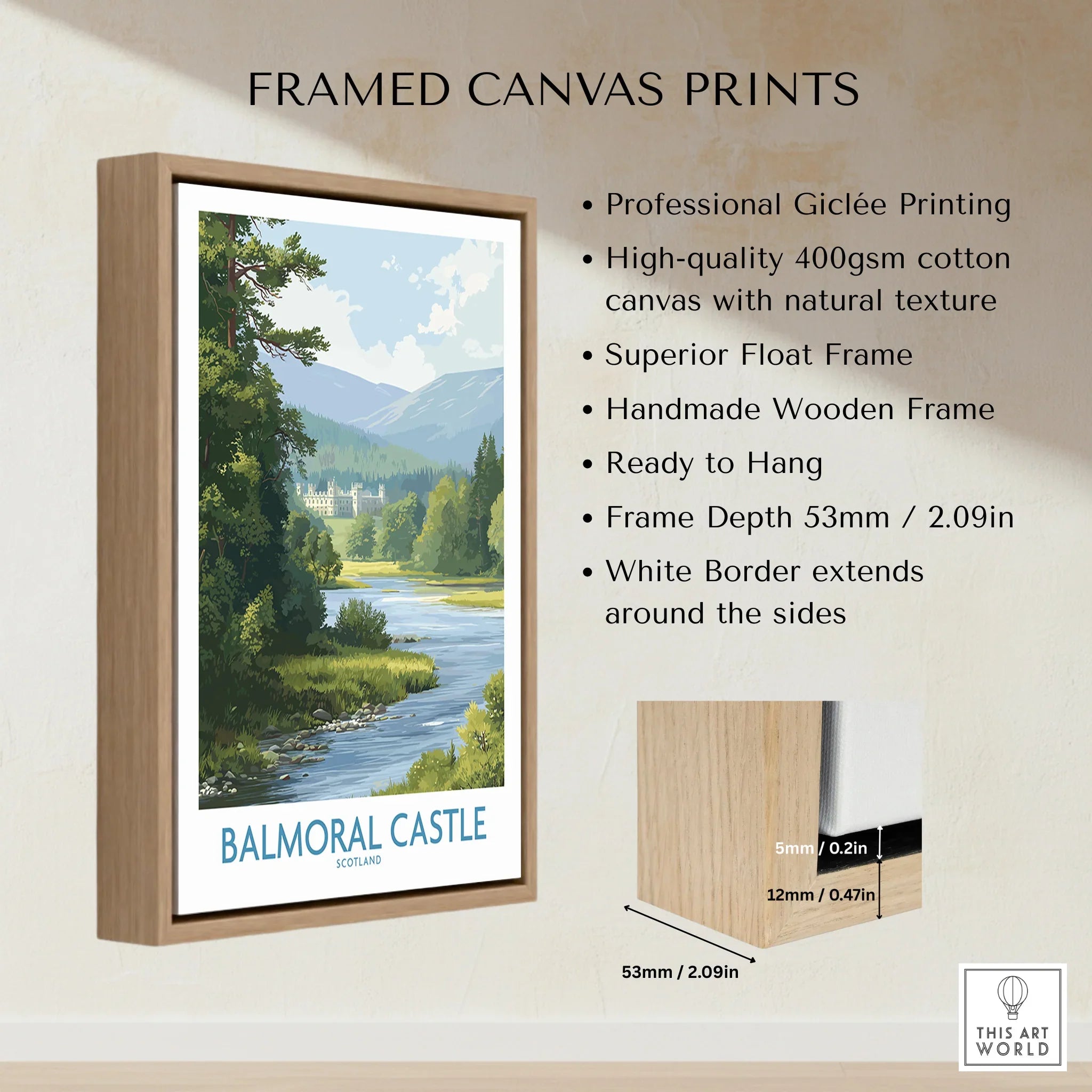 Balmoral Castle travel poster in a float frame, handmade wooden framed canvas wall art with river and mountain scene.