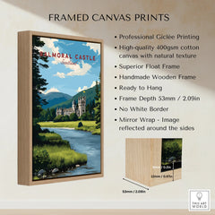Framed canvas print of Balmoral Castle Scotland in float frame with feature list and dimensions
