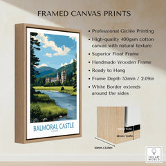 Framed canvas print of Balmoral Castle with float frame and scenic landscape artwork