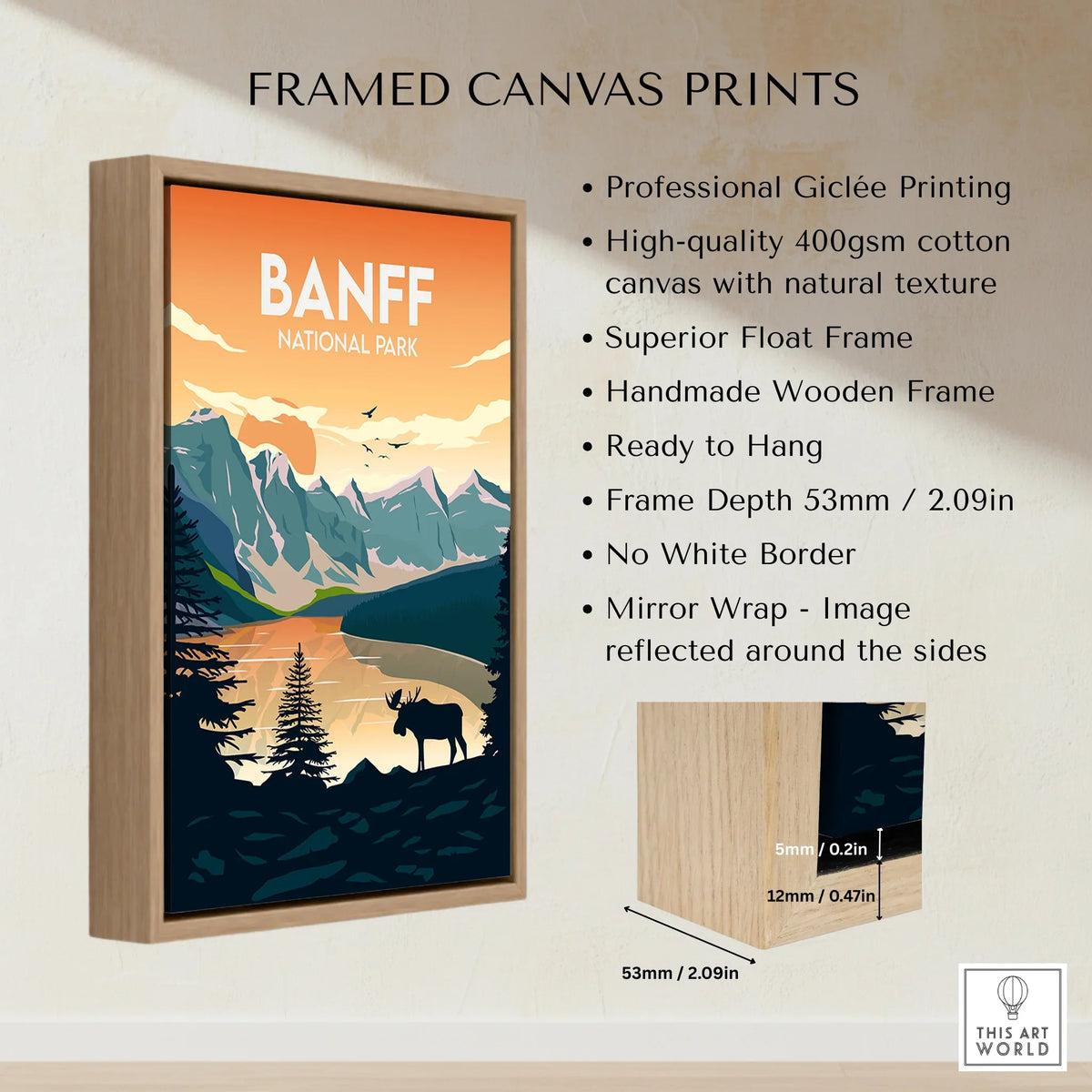 Framed Banff National Park canvas print with float frame and mountain landscape art.