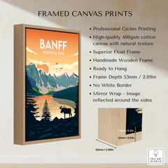 Framed Banff National Park canvas print with float frame and mountain landscape art.