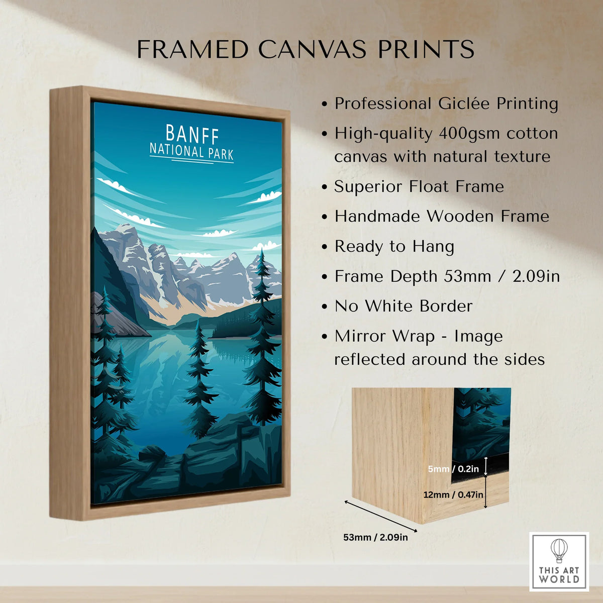 Banff National Park framed canvas print with wooden float frame, lake and mountains artwork