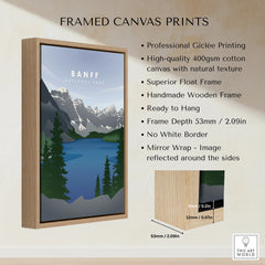 Framed Banff National Park print with float frame, canvas details, and wooden frame close-up