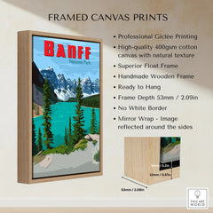 Framed Banff National Park print with float frame, turquoise lake, pine trees, and mountains.