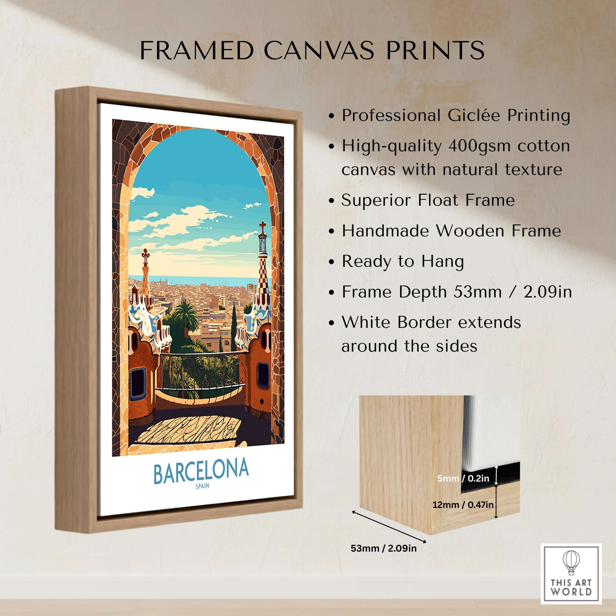 Barcelona Wall Art | Modern Style framed canvas print showcasing the vibrant culture of Barcelona with natural textures.