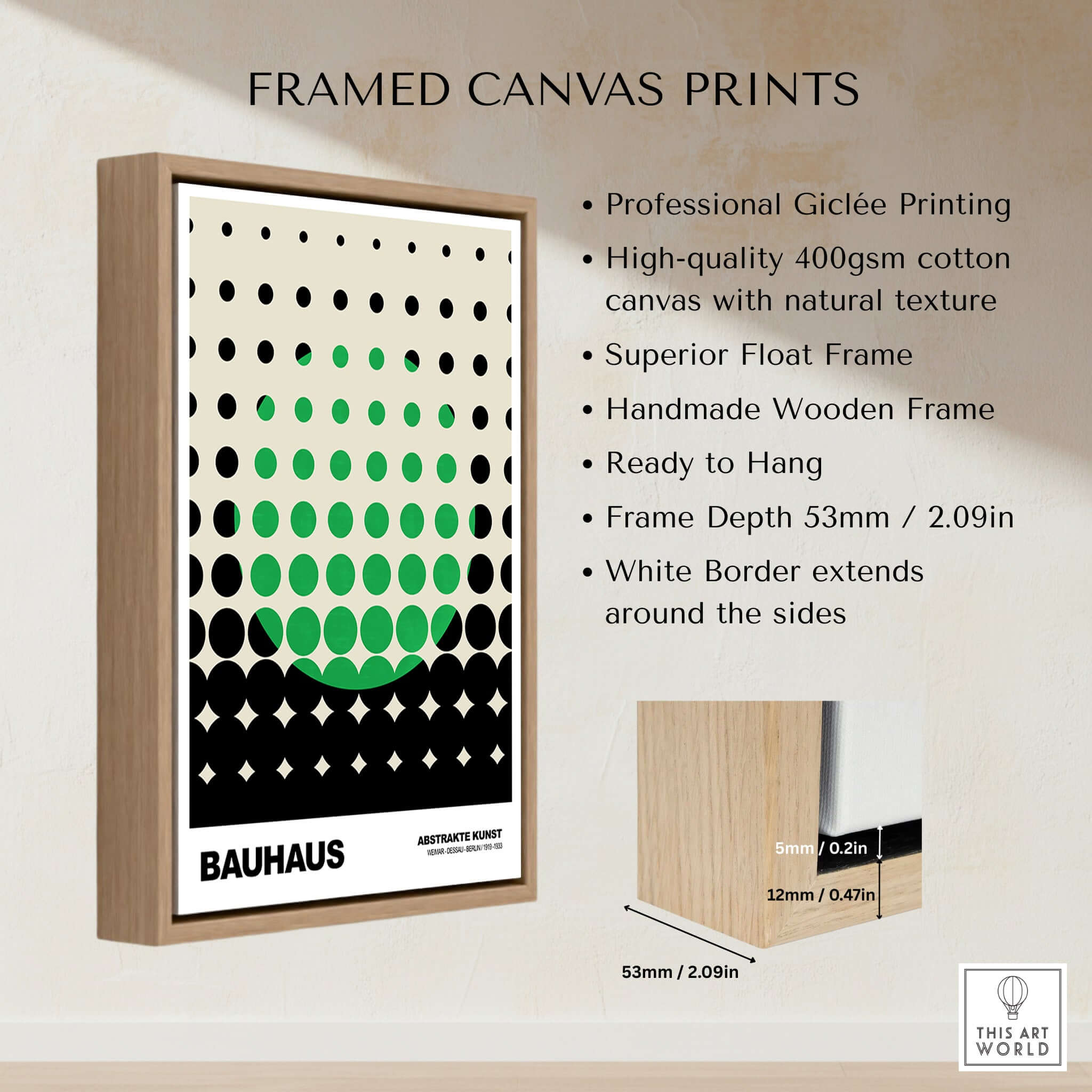 Bauhaus Exhibition Prints - Abstract Circle Pattern Art Print Green Black Dot Gradient displayed in a wooden frame.