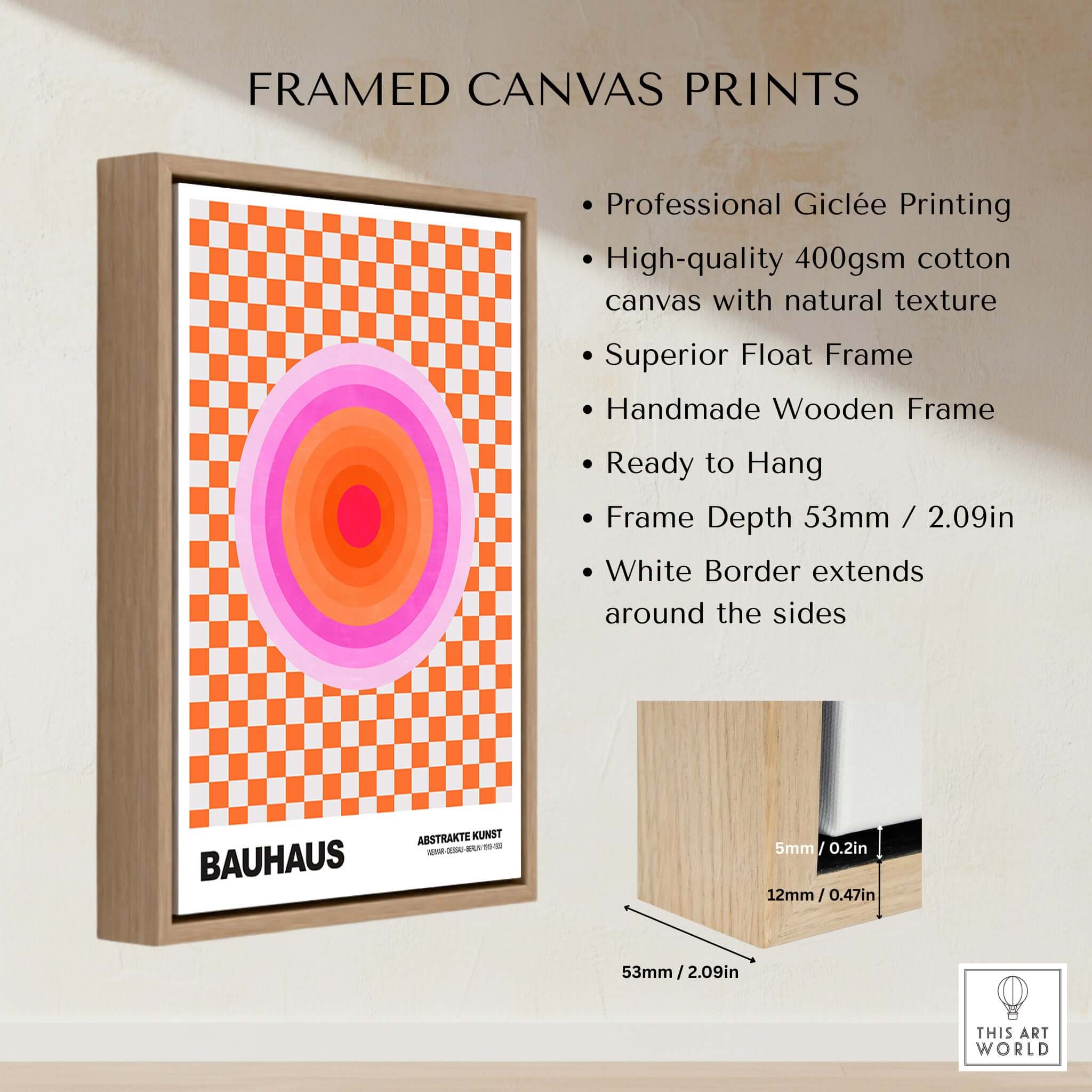 Bauhaus Exhibition Prints - Pink Circles Poster Orange Checkerboard Art framed print with high-quality giclée printing.