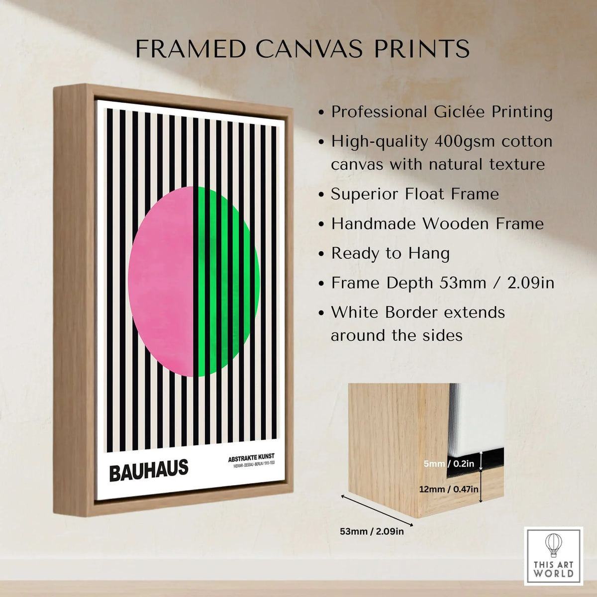 Bauhaus Exhibition Prints - Split Circle Abstract Art Print Pink Green Stripes in a framed canvas print.