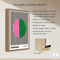 Bauhaus Exhibition Prints - Split Circle Abstract Art Print Pink Green Stripes in a framed canvas print.