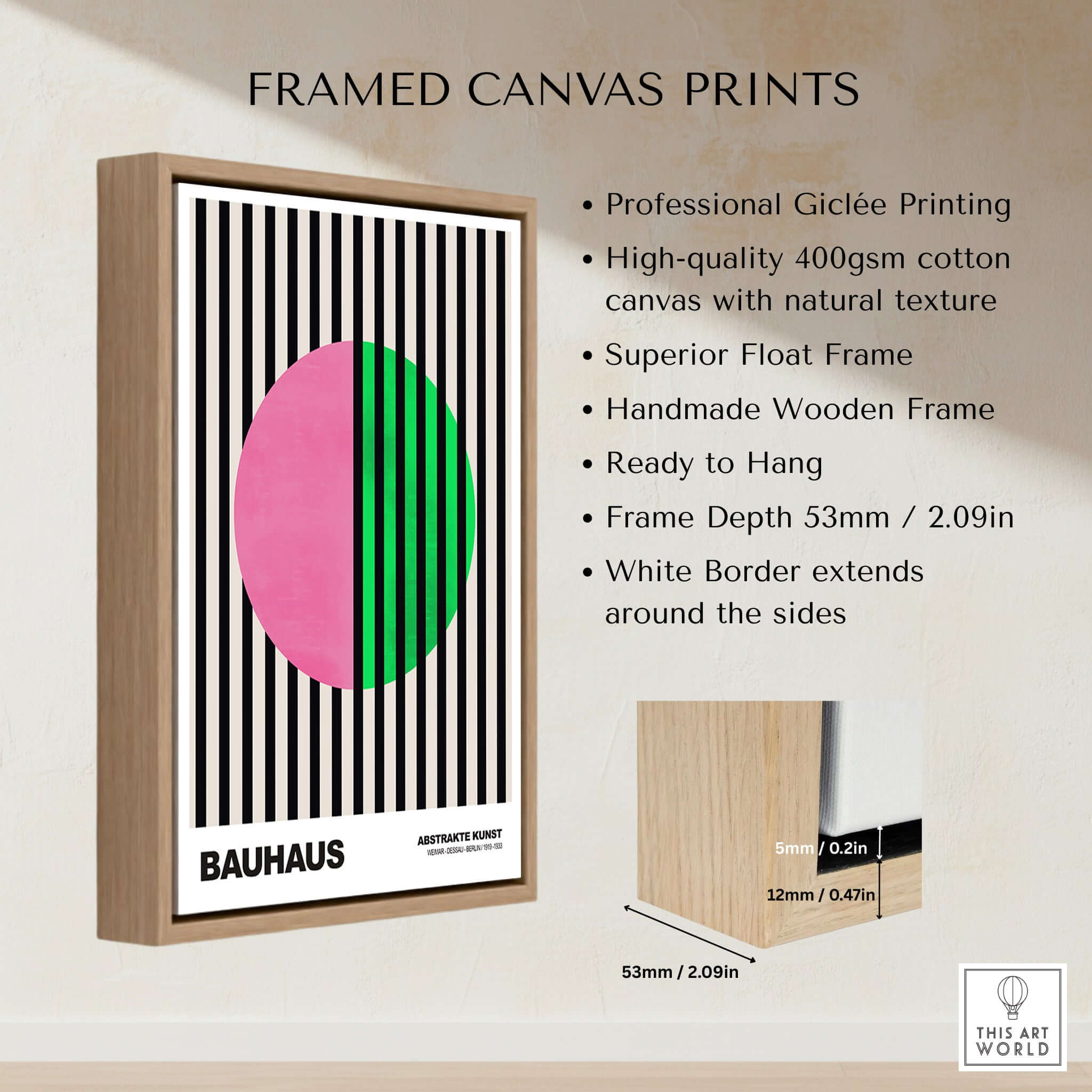 Bauhaus Exhibition Prints - Split Circle Abstract Art Print Pink Green Stripes in a framed canvas print.