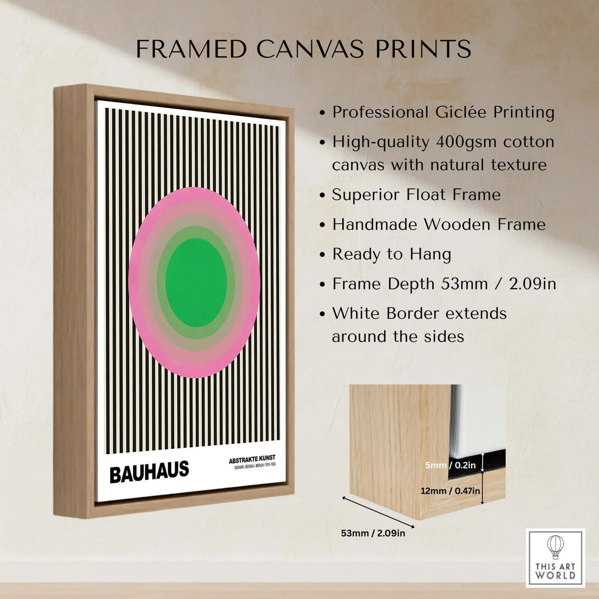 Bauhaus Exhibition Prints - Concentric Circles Poster Pink Green Striped Art, framed canvas print showcasing geometric design.