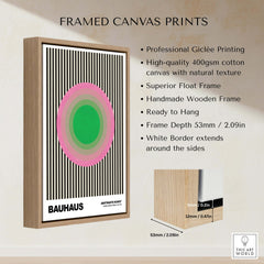 Bauhaus Exhibition Prints - Concentric Circles Poster Pink Green Striped Art, framed canvas print showcasing geometric design.