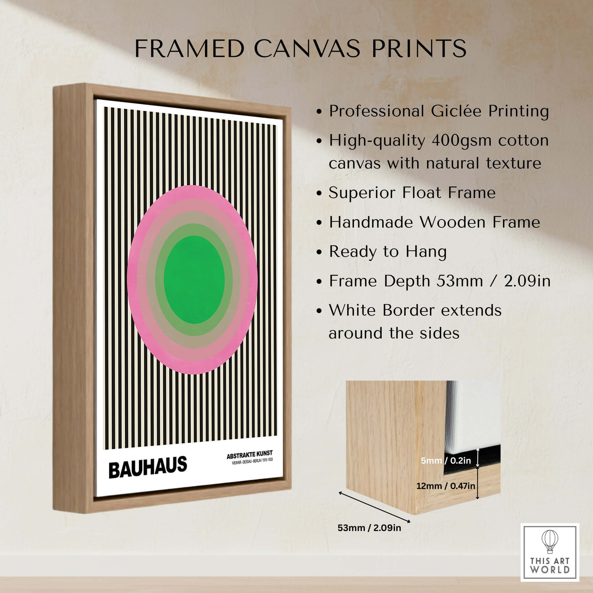 Bauhaus Exhibition Prints - Concentric Circles Poster Pink Green Striped Art, framed canvas print showcasing geometric design.