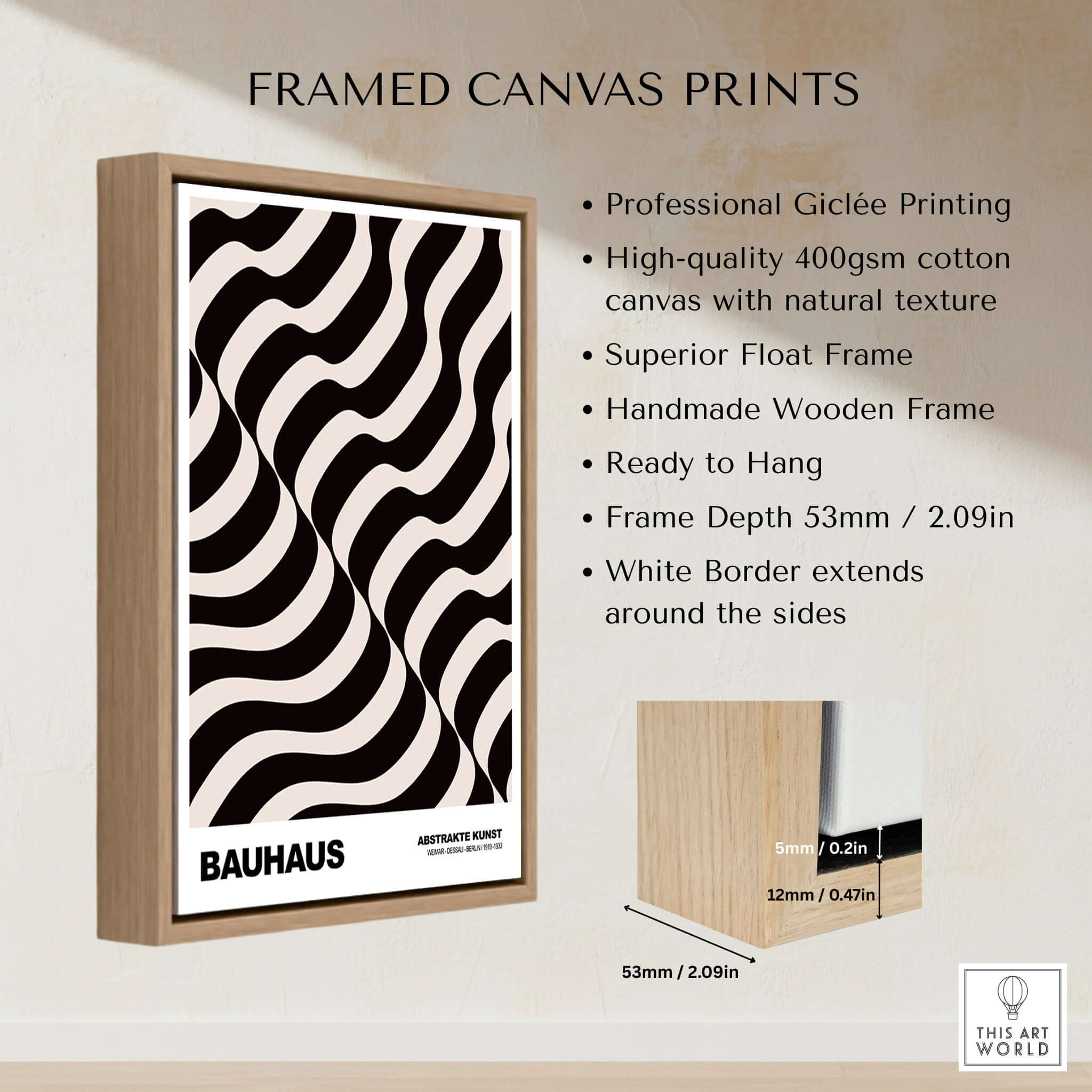 Bauhaus Exhibition Prints - Thick Undulating Waves Poster Black Cream Abstract Art displayed in a framed canvas print.