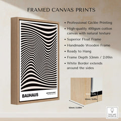 Bauhaus Exhibition Prints -  Optical Wave Lines Art Print Black Cream Abstract framed canvas print with natural texture.