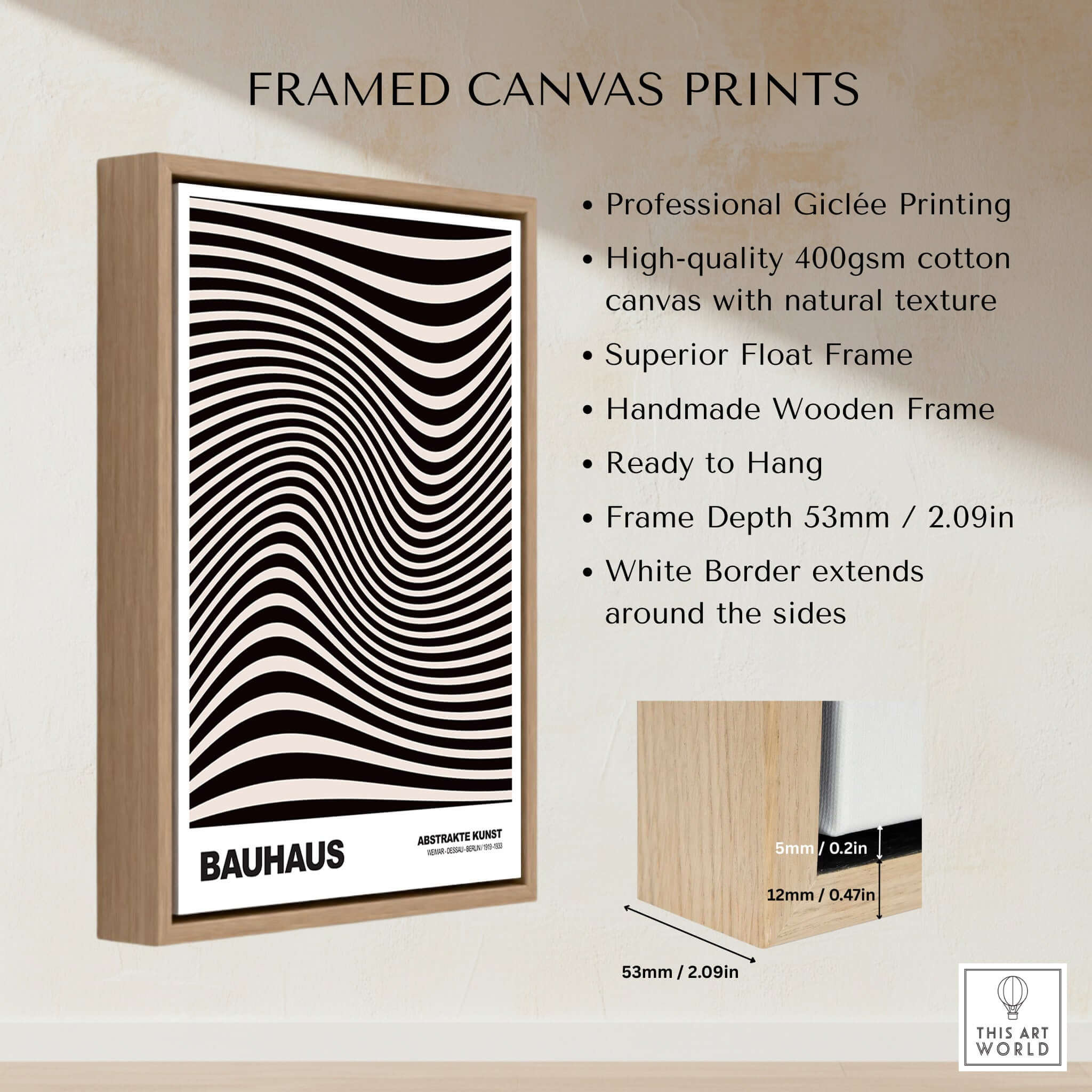 Bauhaus Exhibition Prints -  Optical Wave Lines Art Print Black Cream Abstract framed canvas print with natural texture.