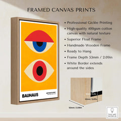 Bauhaus Exhibition Prints - Abstract Eyes Poster Geometric Orange Red Blue Art framed canvas print showcasing vibrant design.