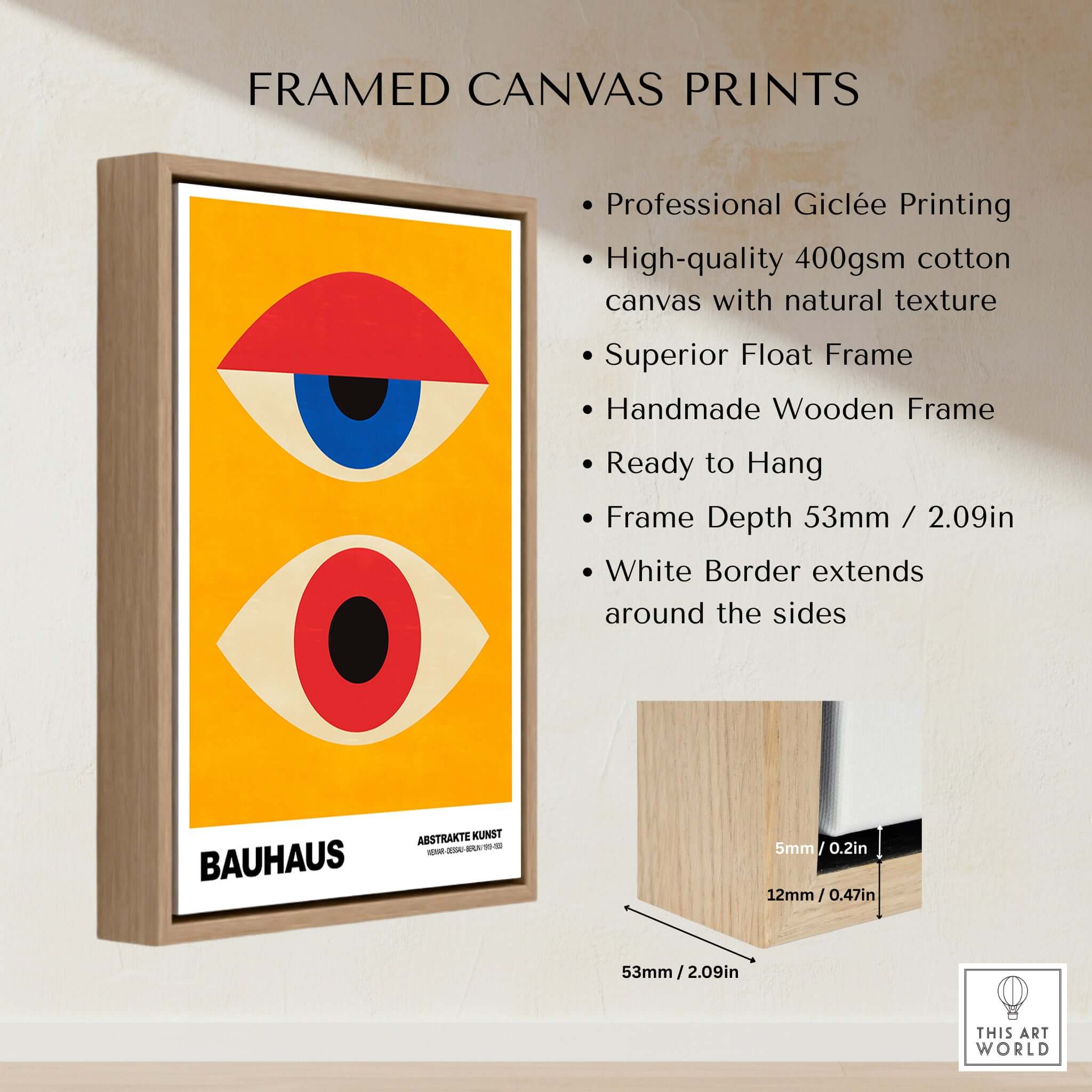 Bauhaus Exhibition Prints - Abstract Eyes Poster Geometric Orange Red Blue Art framed canvas print showcasing vibrant design.