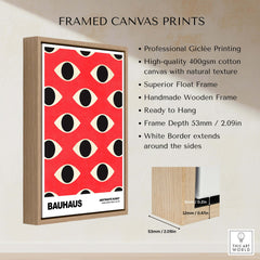 Bauhaus Exhibition Prints - Repeating Eyes Pattern Poster Red Black Cream Art displayed in a framed canvas print.