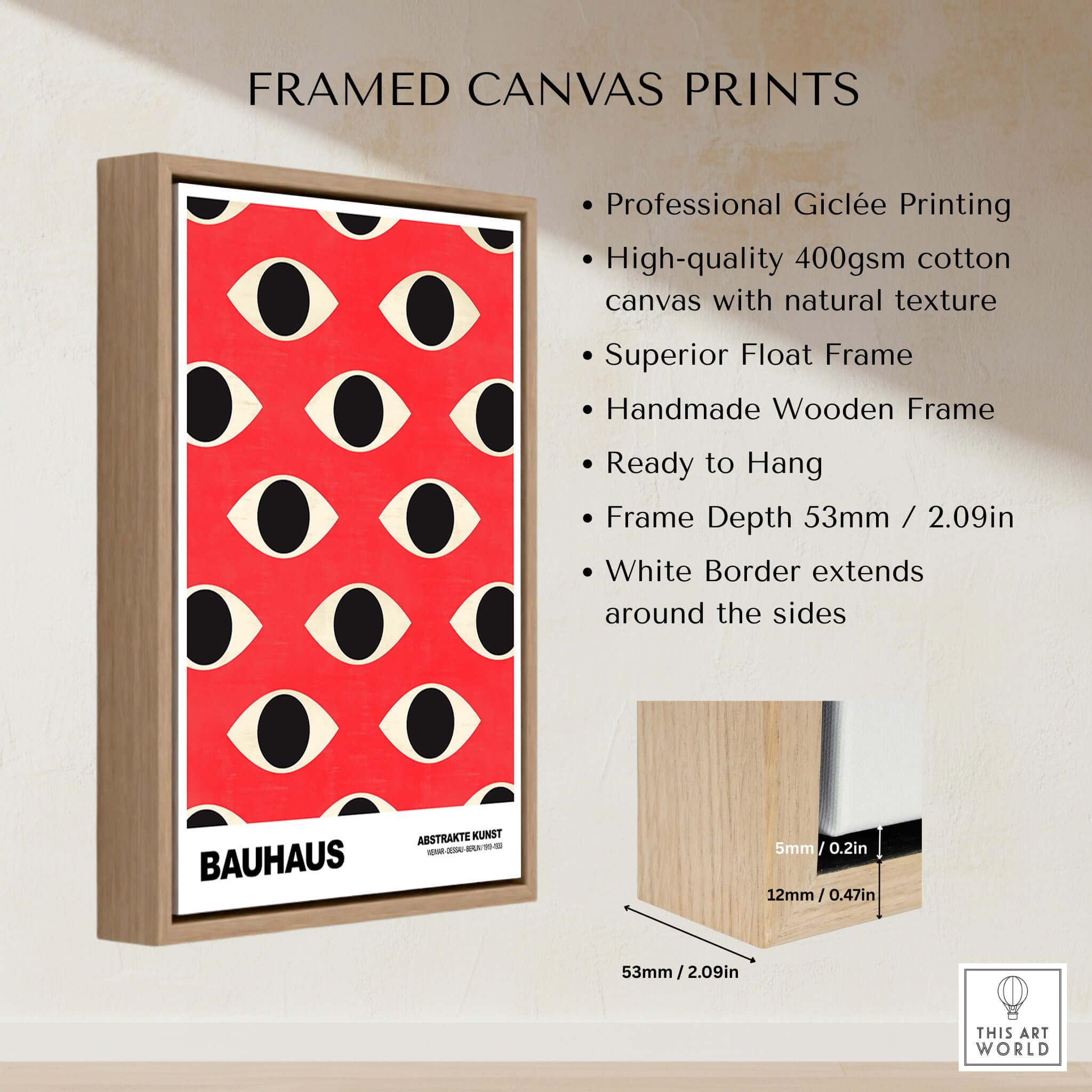 Bauhaus Exhibition Prints - Repeating Eyes Pattern Poster Red Black Cream Art displayed in a framed canvas print.