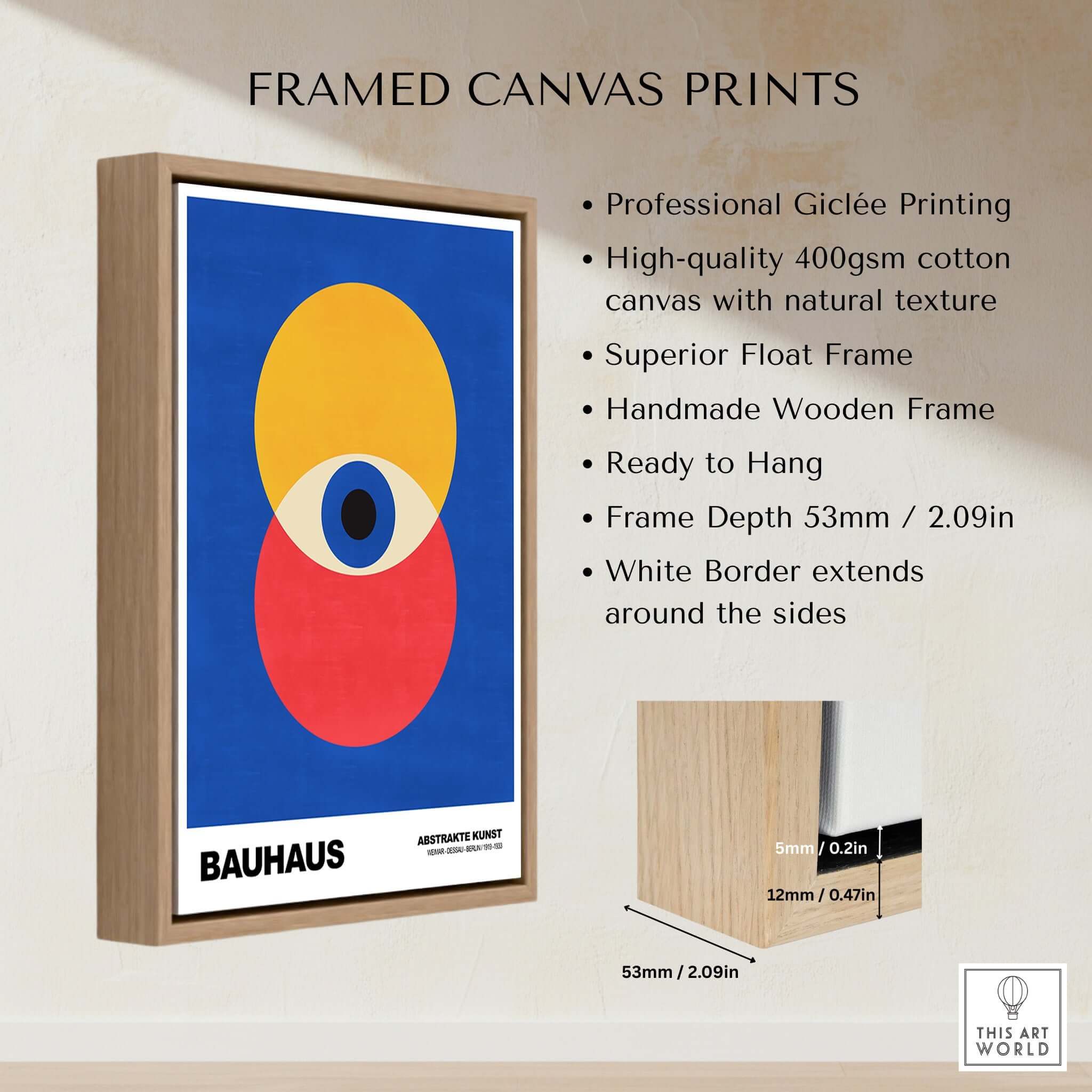 Bauhaus Exhibition Prints - Abstract Eye Circles Poster - Blue Yellow Red Primary Art framed canvas print example.