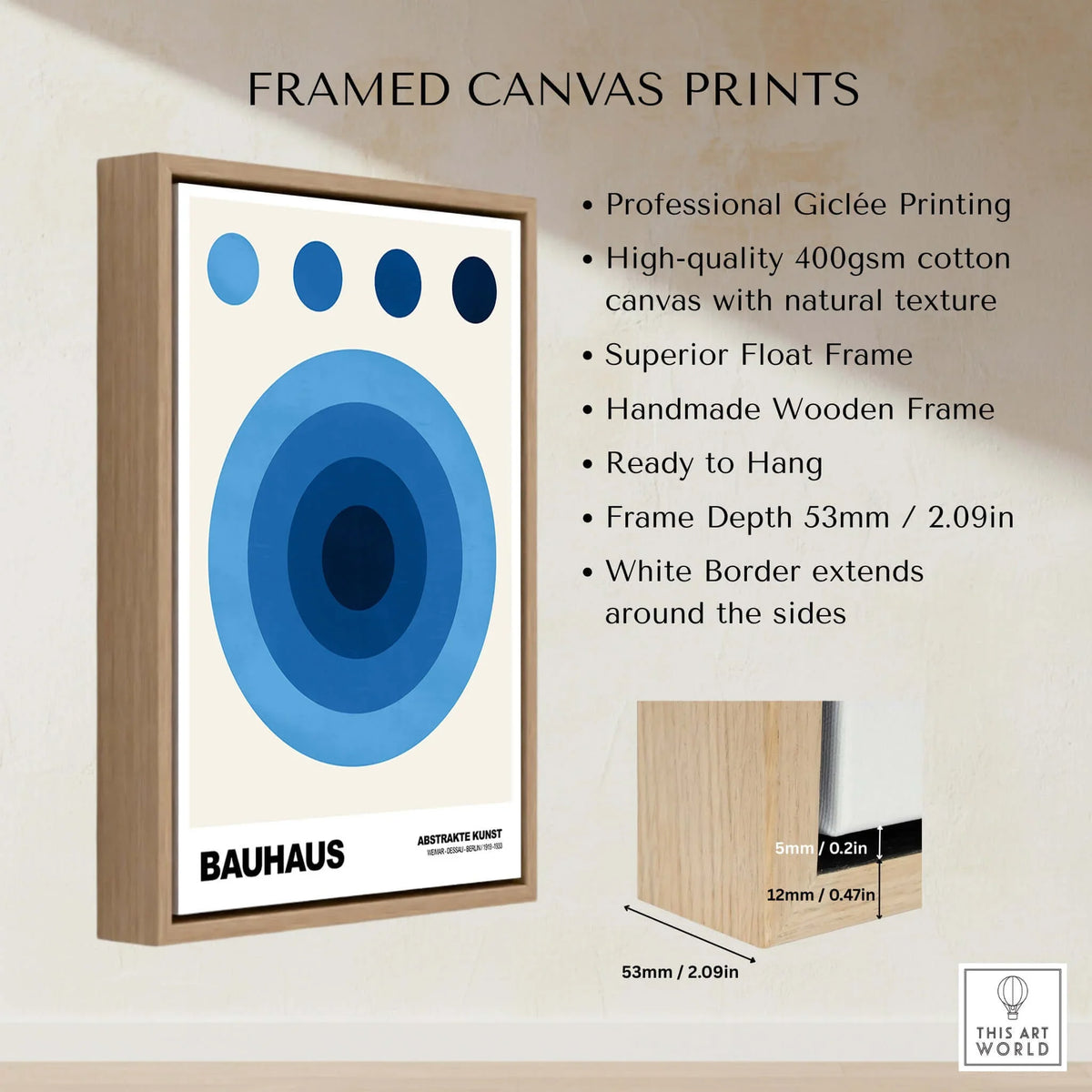 Bauhaus Exhibition Prints - Abstract Blue Circles Poster Geometric Design framed canvas print showcasing vibrant concentric circles.