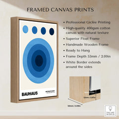 Bauhaus Exhibition Prints - Abstract Blue Circles Poster Geometric Design framed canvas print showcasing vibrant concentric circles.