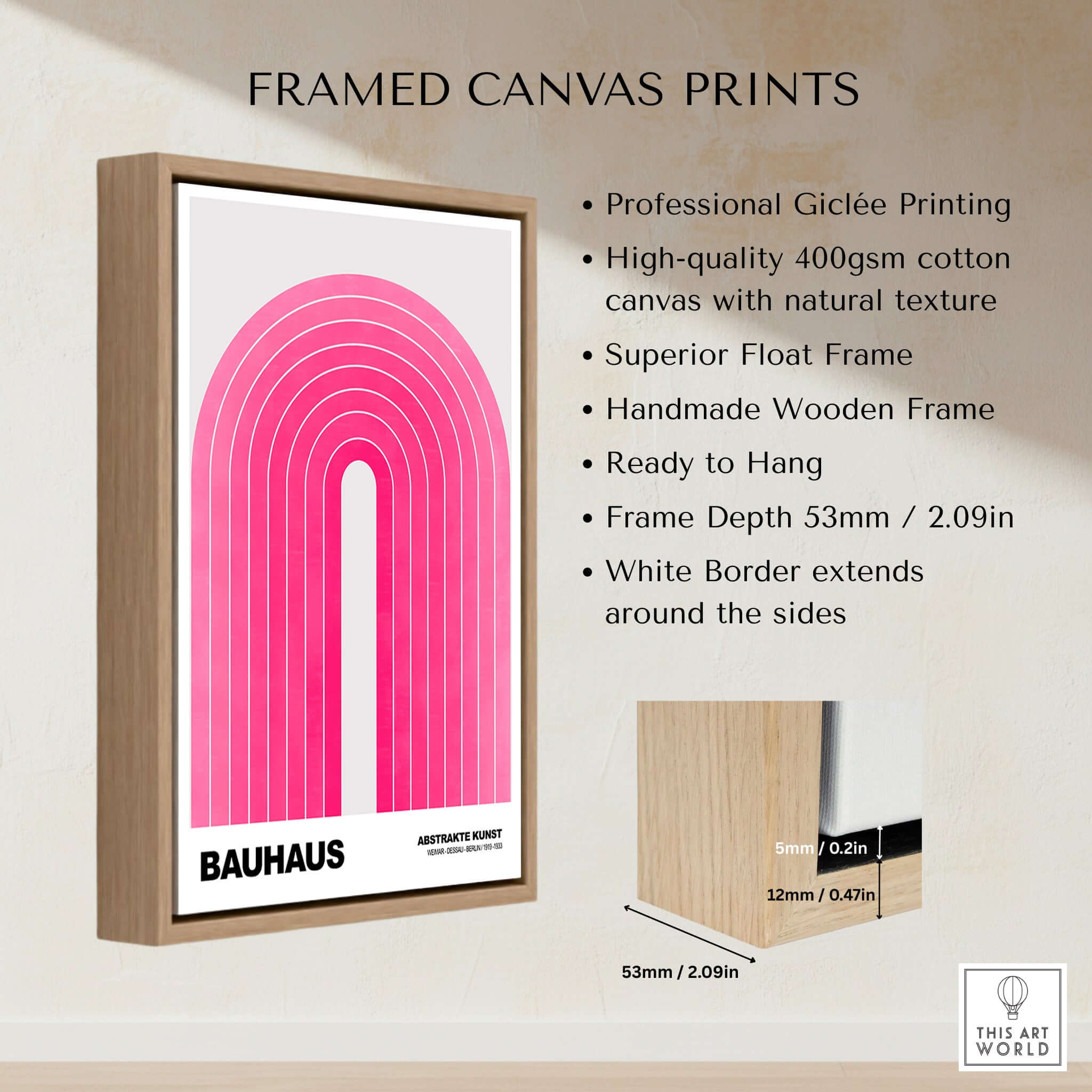 Bauhaus Exhibition Prints - Concentric Pink Arch Poster Minimalist Geometric Art framed canvas print with wood frame.