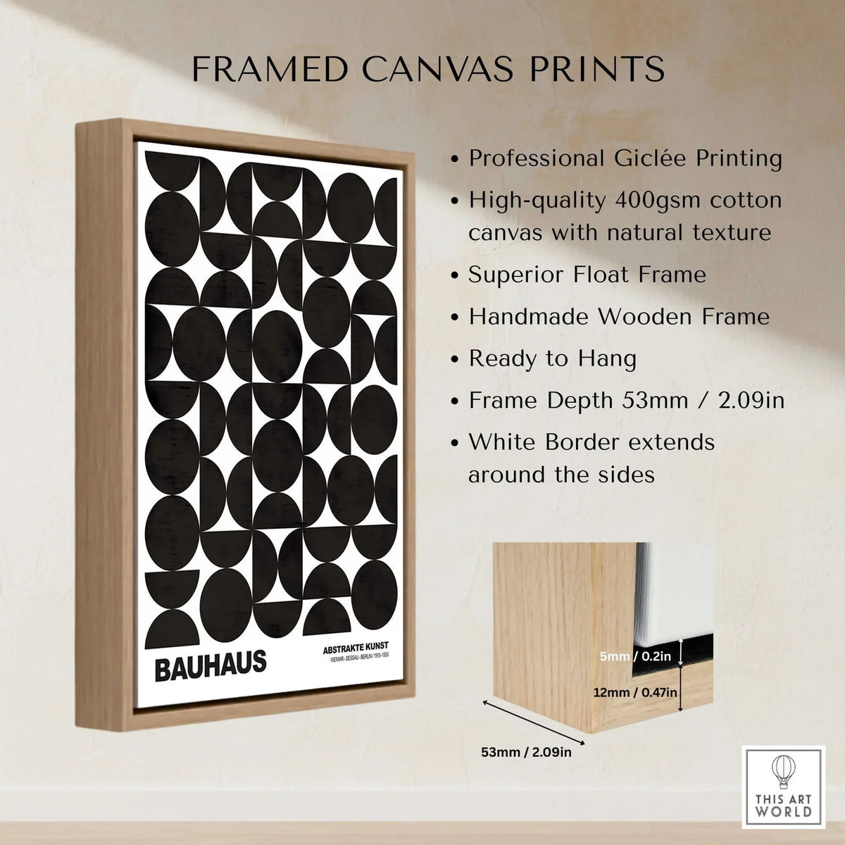 Bauhaus Exhibition Prints - Geometric Circle Shapes Art Print Black White Pattern, framed canvas with black geometric circles.
