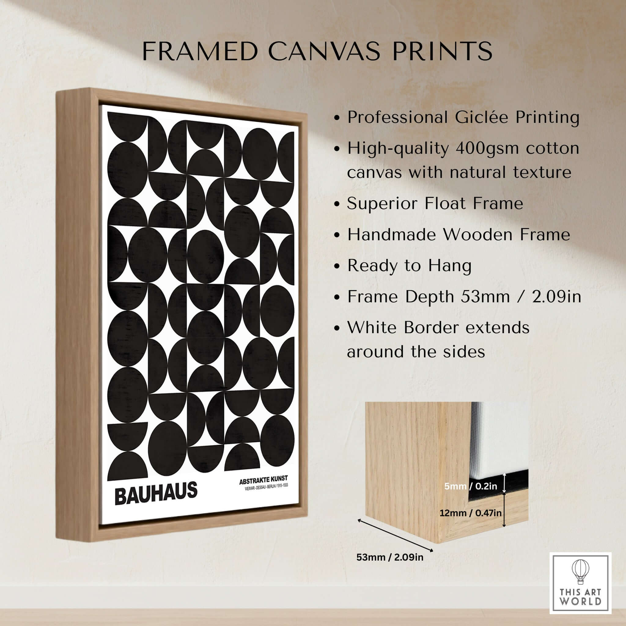 Bauhaus Exhibition Prints - Geometric Circle Shapes Art Print Black White Pattern, framed canvas with black geometric circles.