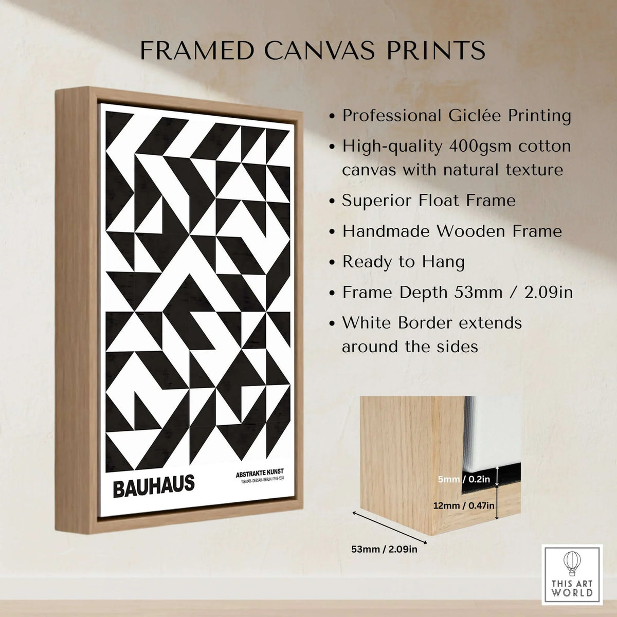 Bauhaus Exhibition Prints - Geometric Triangle Pattern Poster Black White Abstract framed canvas print with natural texture.