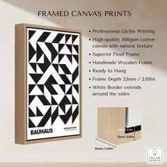 Bauhaus Exhibition Prints - Geometric Triangle Pattern Poster Black White Abstract framed canvas print with natural texture.