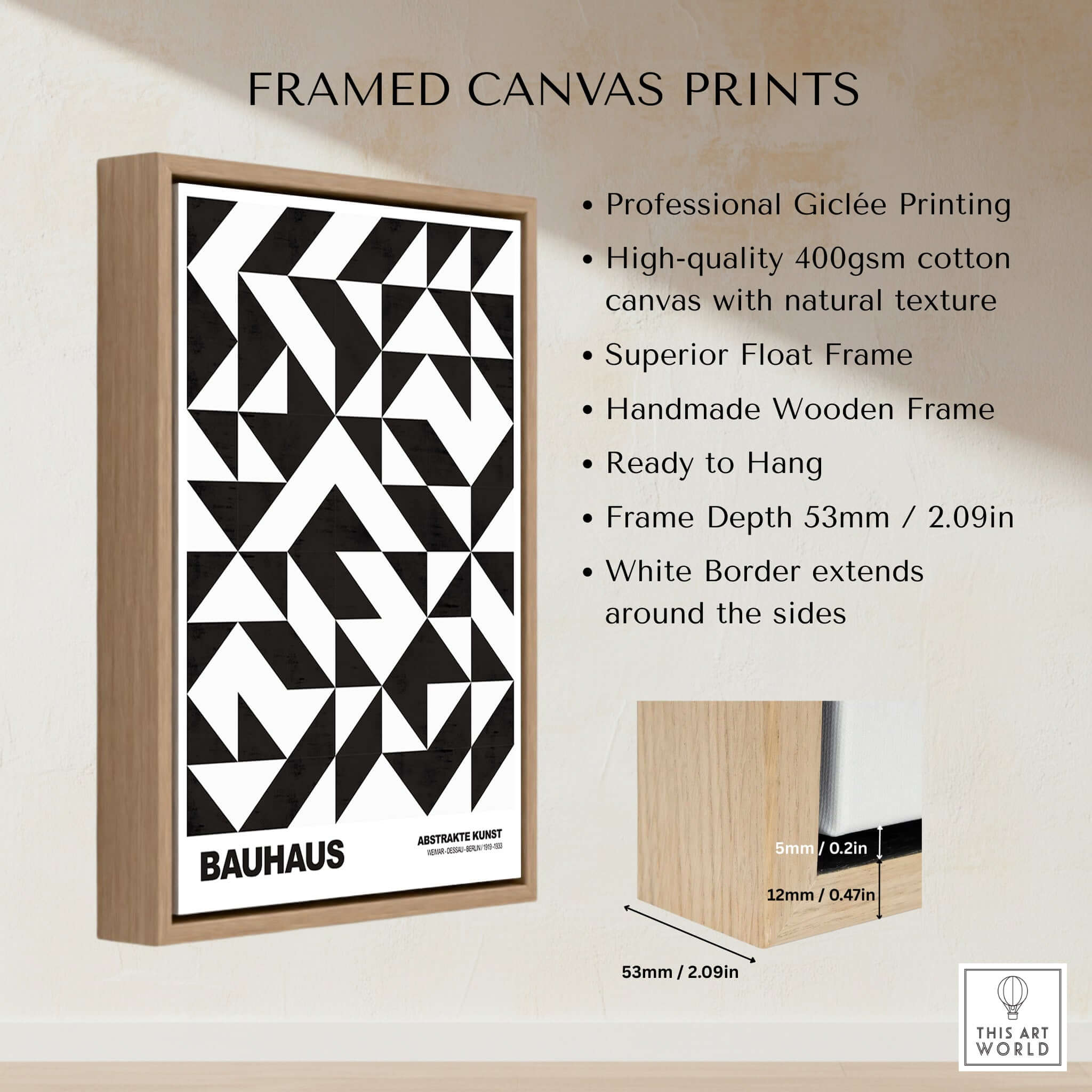 Bauhaus Exhibition Prints - Geometric Triangle Pattern Poster Black White Abstract framed canvas print with natural texture.