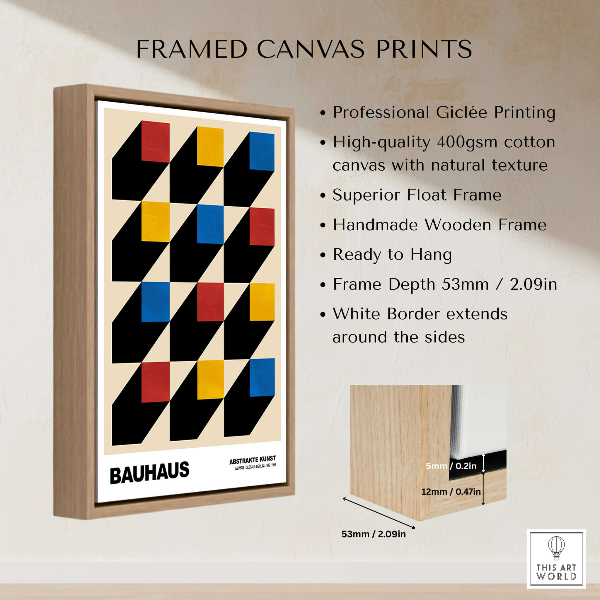 Bauhaus Exhibition Prints - Isometric Cubes Art Print Red Yellow Blue Design framed with wooden border and floating frame.