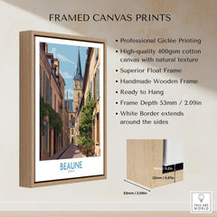 Beaune France Wall Art – Village Print showcased in a wooden frame, featuring vibrant colors and elegant design.