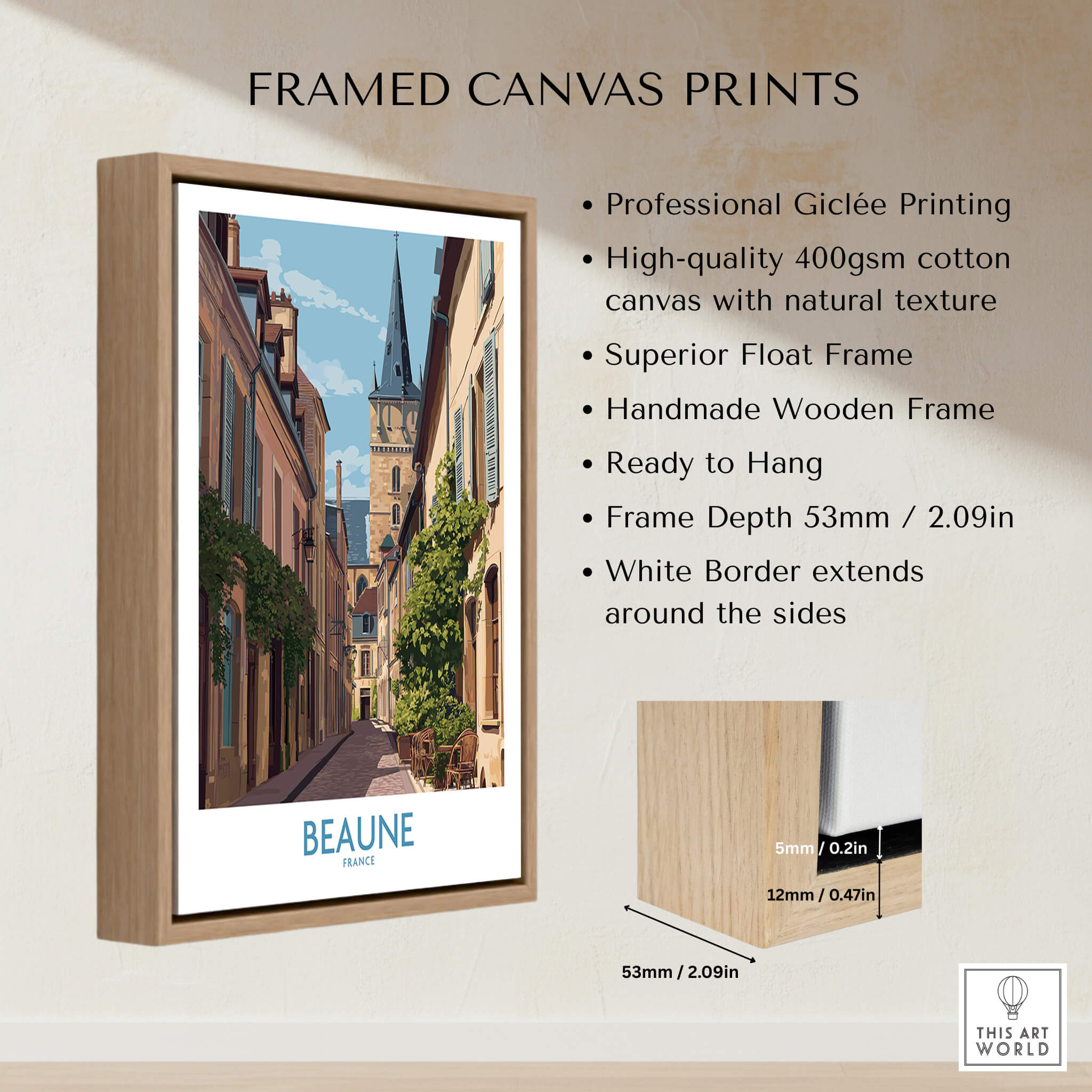 Beaune France Wall Art – Village Print showcased in a wooden frame, featuring vibrant colors and elegant design.