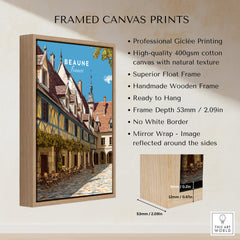 Beaune Travel Poster – Hospices de Beaune Architecture and Courtyard Art framed canvas print with wooden frame.