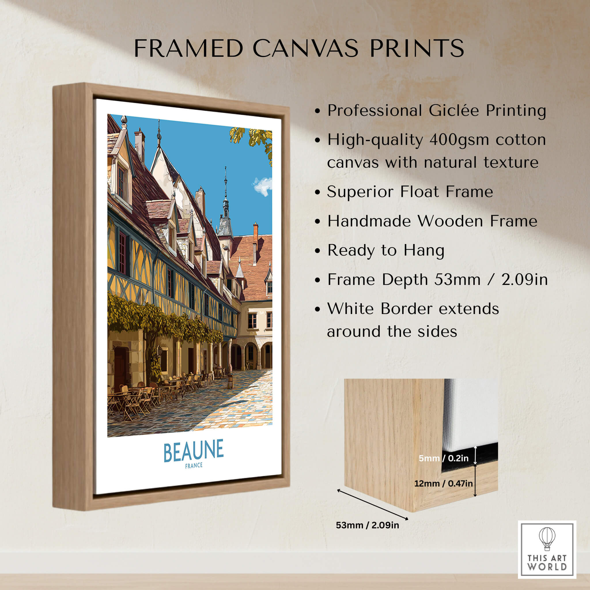 Framed canvas print of Beaune France Print – Hospices de Beaune Wall Art showcasing architectural detail and vibrant colors.