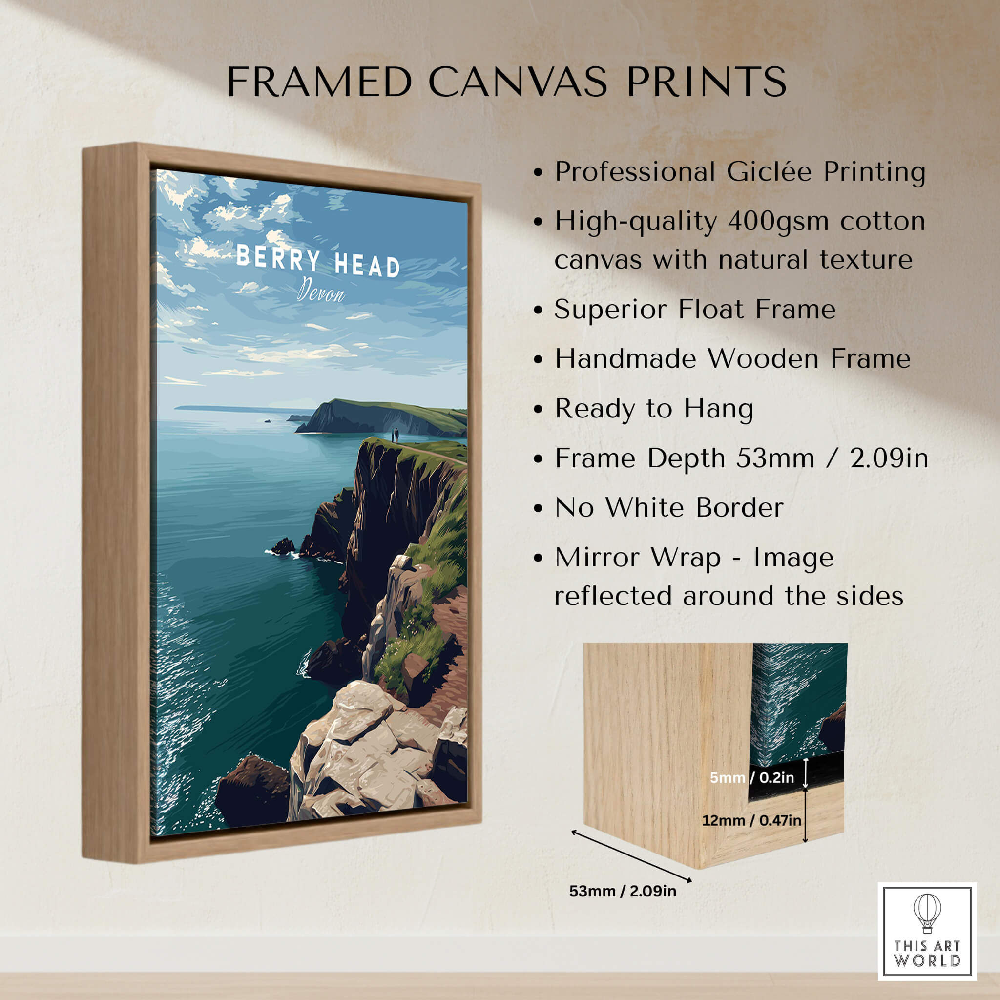 Berry Head Travel Poster – Devon Coastal Cliffs and Ocean View Print framed canvas print with wooden frame
