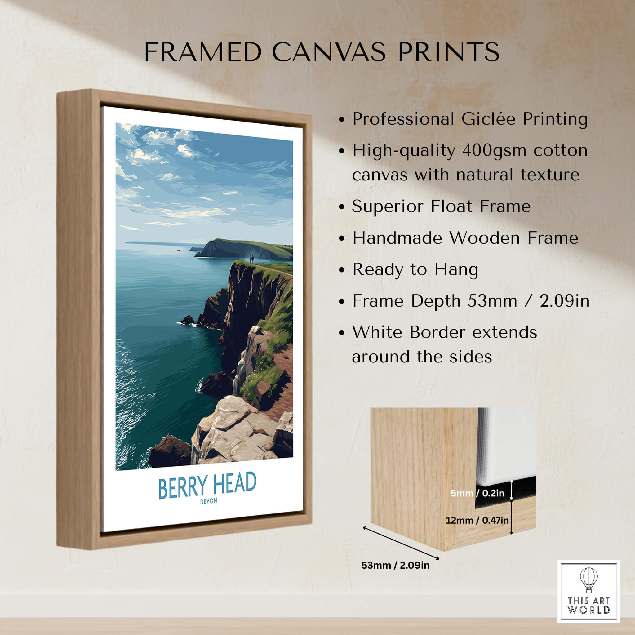 Berry Head Devon Wall Art – English Coast Print showcased in a framed canvas with a natural finish.